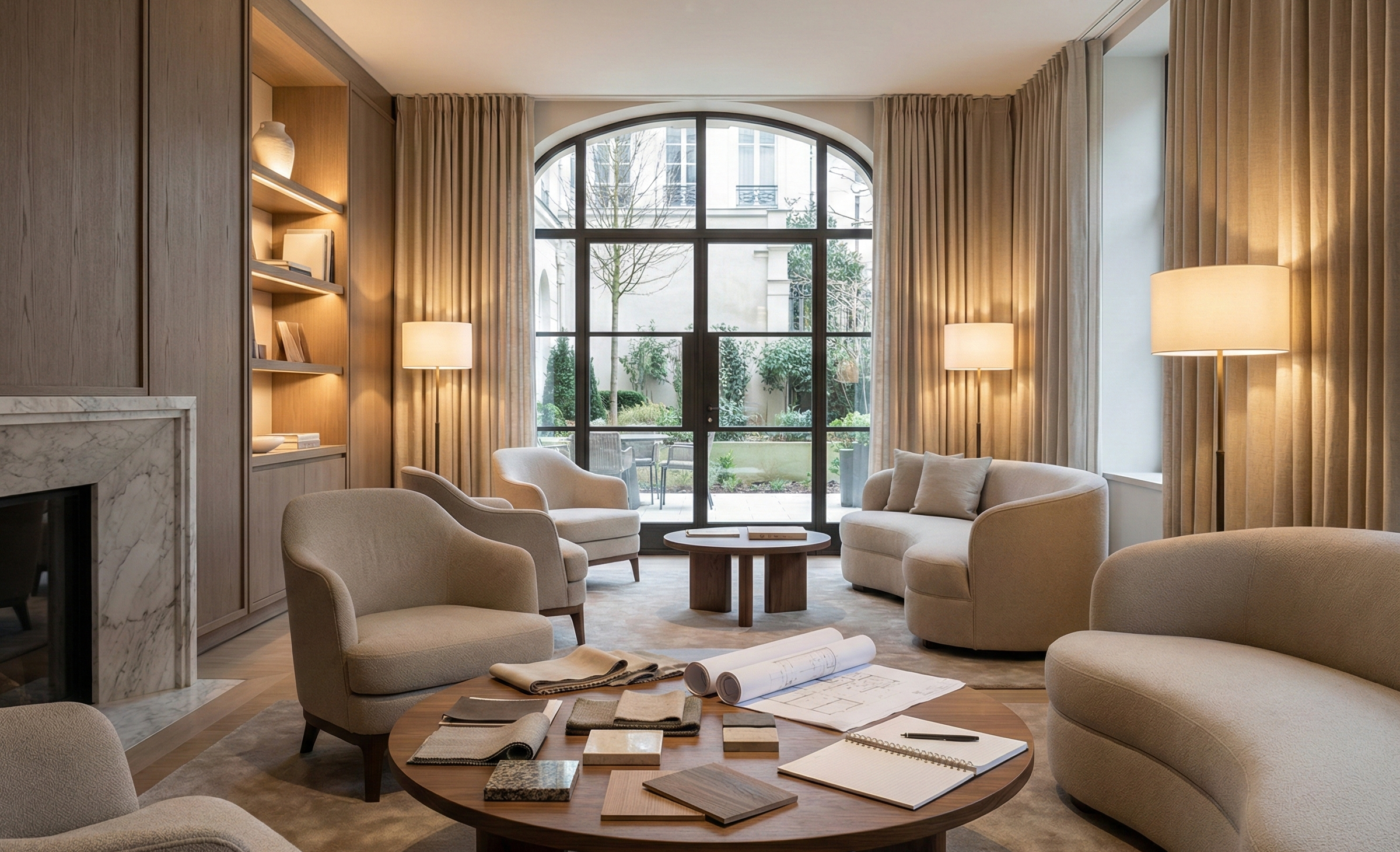 Elegant living room with beige sofas, armchairs, a wooden coffee table with fabric samples and sketches, floor lamps, large arched window with curtains, and a view of a garden outside.