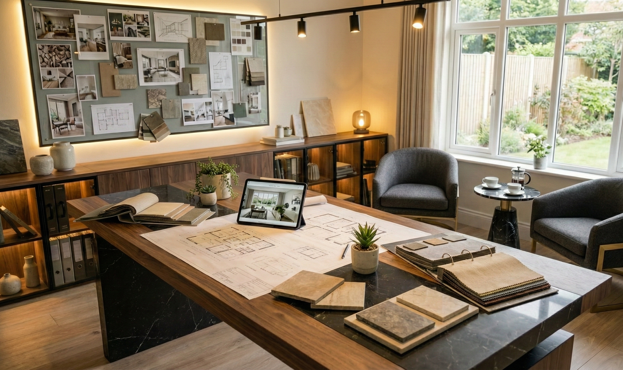 Interior of a modern design office or studio, featuring a large wooden desk with architectural plans, samples, and a tablet, along with shelves and wall displays of interior design ideas and materials. The room has large windows with a view of a garden outdoor space.