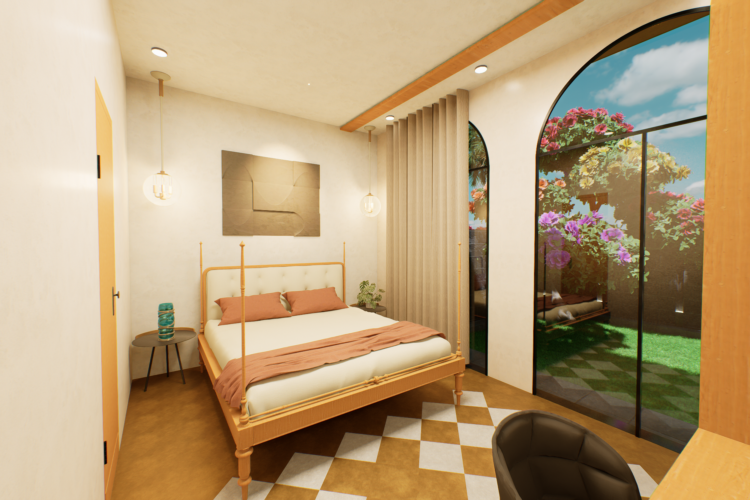Interior of a modern bedroom with a wooden bed, pink bedding, two pendant lights, a small side table with a decorative item, a wall art piece, large arched windows with a view of a garden with pink and yellow flowers, and a black chair.