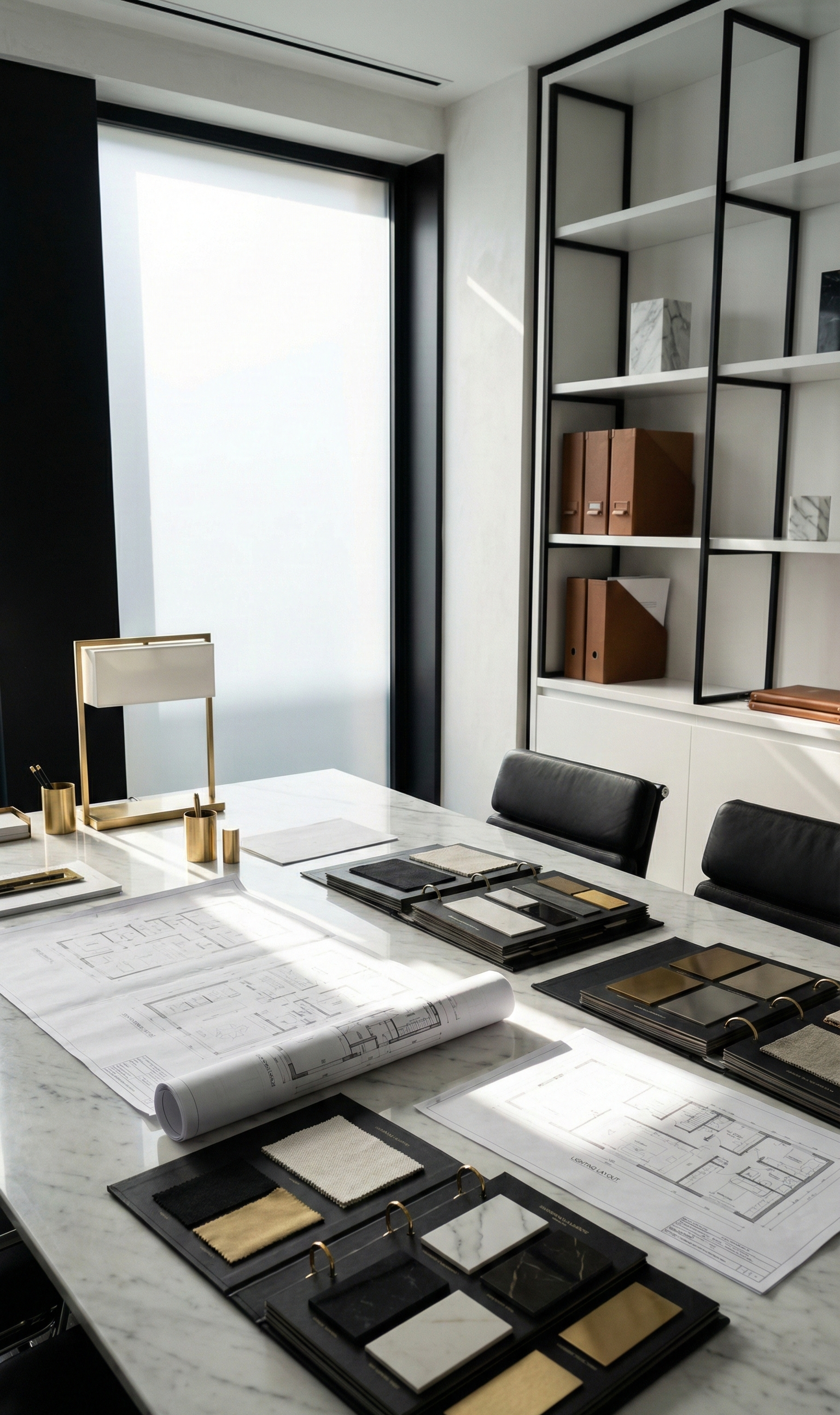A modern office with a large white marble table featuring design and material samples, blueprints, and a gold desk lamp. Behind the table are black leather chairs, and the background features a large window with frosted glass and a black and white shelving unit with binders and decorative items.