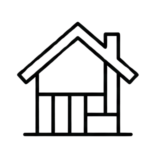 Line drawing of a house with a pitched roof, chimney, and supportive beams, using a purple and black color scheme.