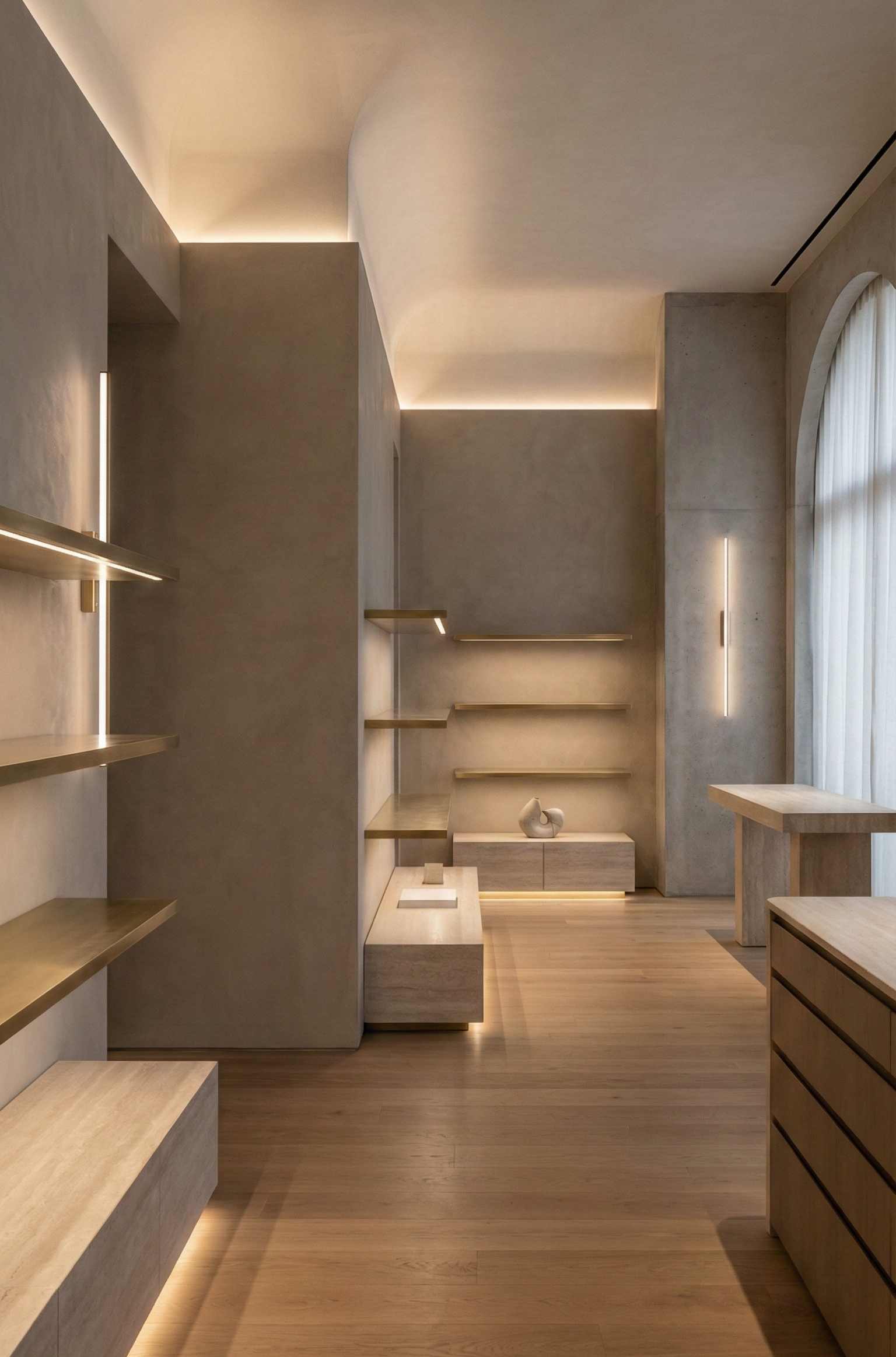 Minimalist room with wooden shelves, a wooden floor, and a large window with white curtains.