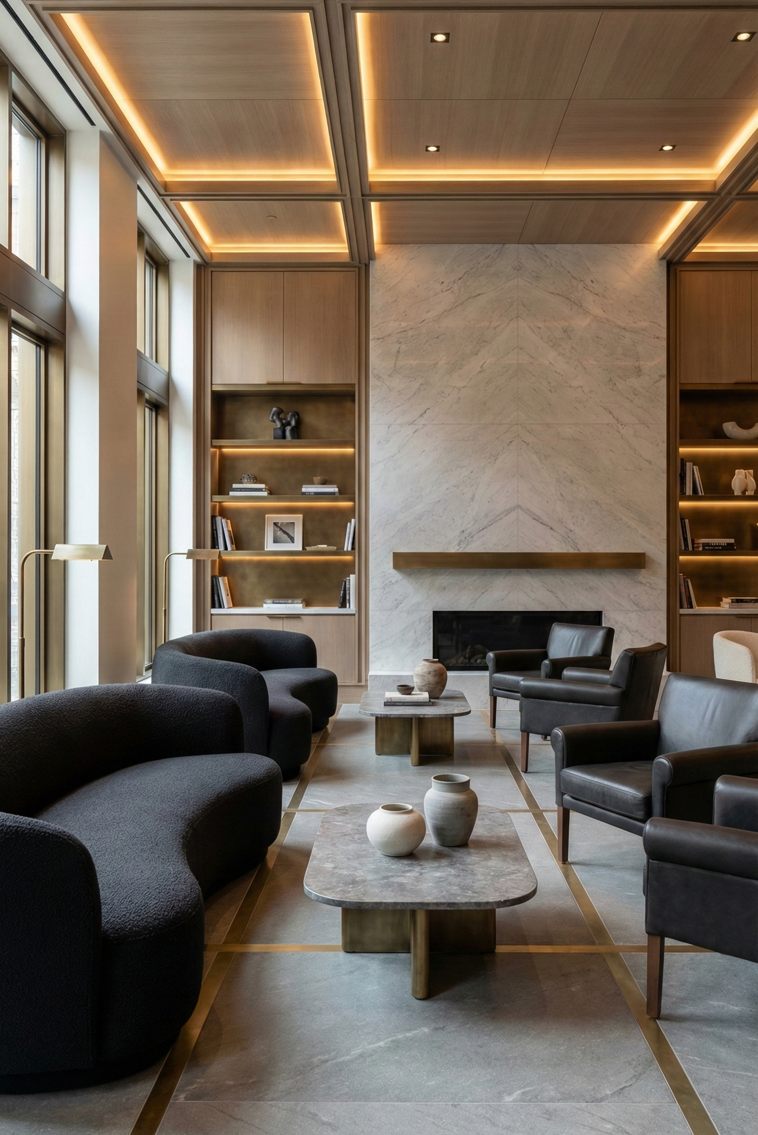 Modern lounge with black and gray armchairs, marble coffee tables, floor-to-ceiling windows, wooden shelves with books and decorative items, and a minimalist fireplace on a marble wall.