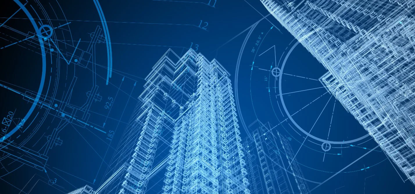 Blue digital blueprint of modern high-rise buildings with architectural and engineering drawings.