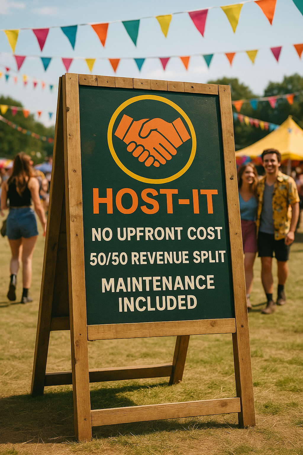 A sign at an outdoor festival advertising a service called 'Host-It' with no upfront cost, a 50/50 revenue split, and maintenance included. The sign features an icon of two hands shaking and is set against a background of people walking and colorful bunting flags.