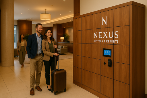 Two happy guests with luggage check in at Nexus Hotels & Resorts lobby, with a large wooden Rental locker on the wall.