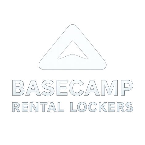 Logo for Basecamp Rental Lockers featuring a stylized triangular mountain icon and text