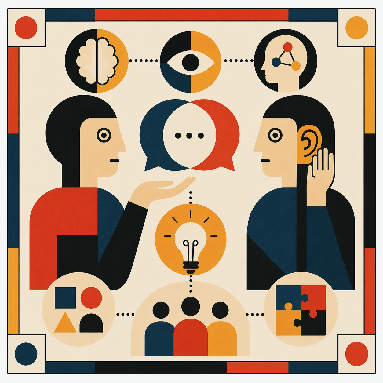 Digital illustration depicting two people engaging in a communication process surrounded by icons of a brain, eye, person with network, speech bubbles, light bulb, puzzle pieces, and color blocks, symbolizing ideas, perception, and dialogue.