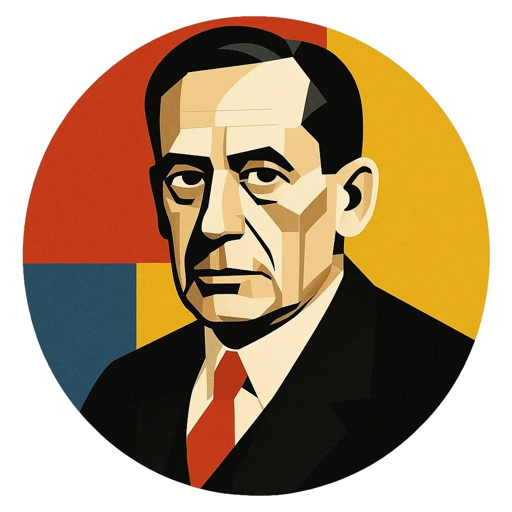 Stylized portrait of a serious-looking man in a black suit with a red tie, set against a background of yellow, orange, blue, and red geometric shapes.