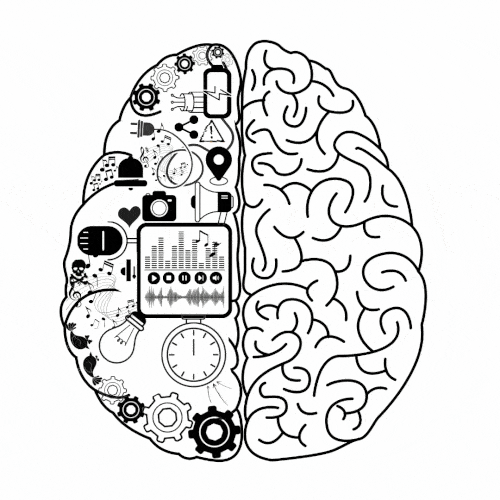 A graphic illustration of a brain split into two halves. The left side features icons representing technology, music, communication, and data, while the right side shows a simplified outline of a human brain's folds.