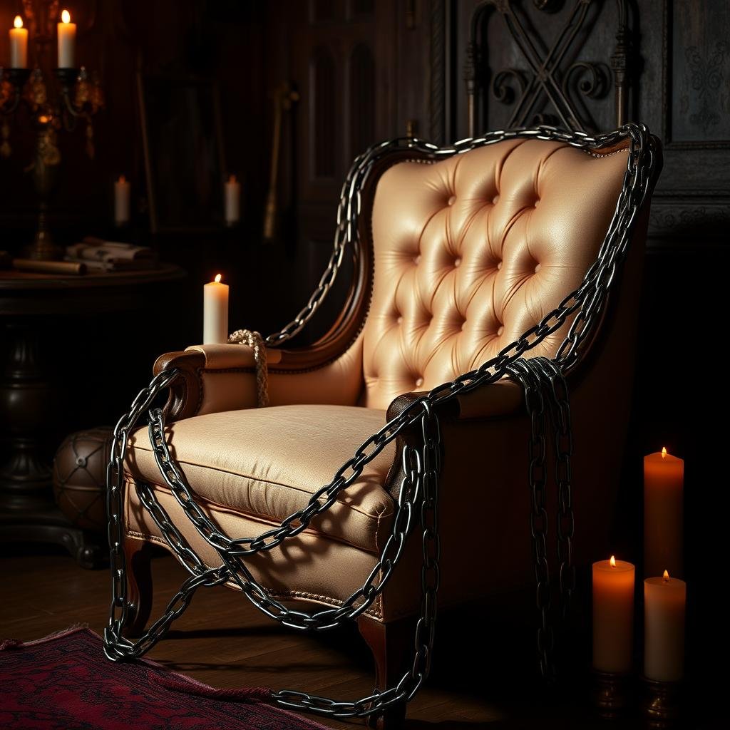 Accredited BABCP and EMDR UK Psychotherapist specialising in kink friendly, BDSM, fetish related trauma and self esteem issues. A vintage armchair with tufted leather upholstery, surrounded by black metal chains, in a dimly lit room with candles.