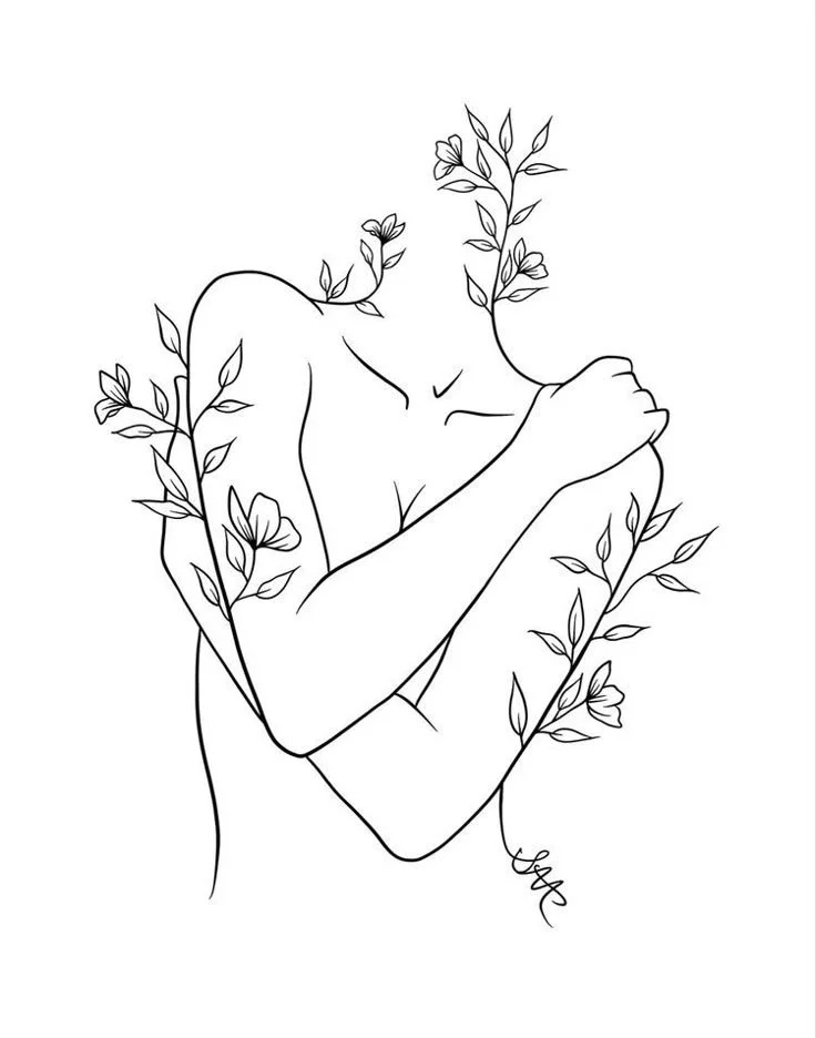 Line drawing of a woman hugging herself, with floral elements intertwining around her arms and shoulders.