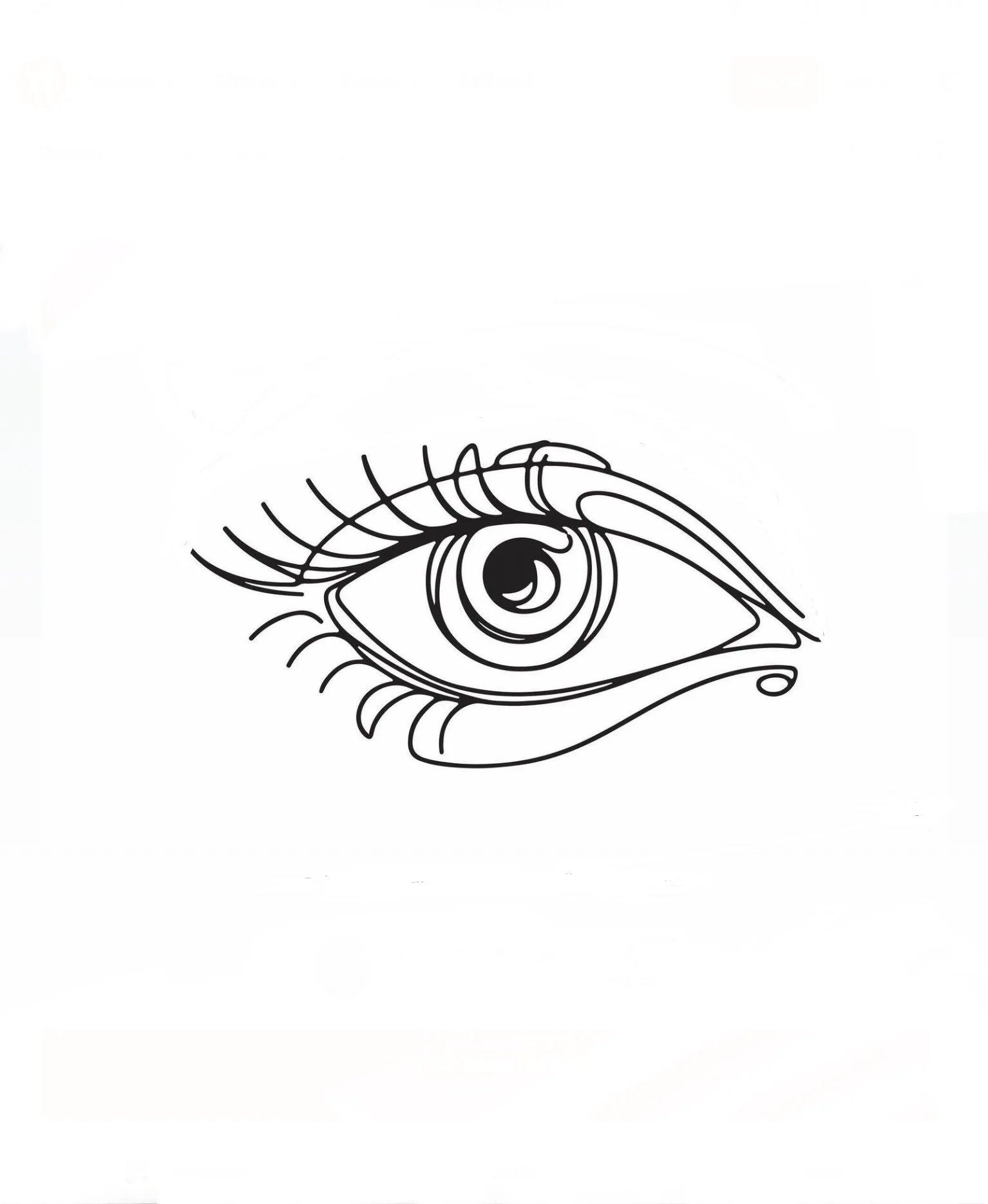 Black and white line drawing of a human eye with detailed eyelashes and iris.