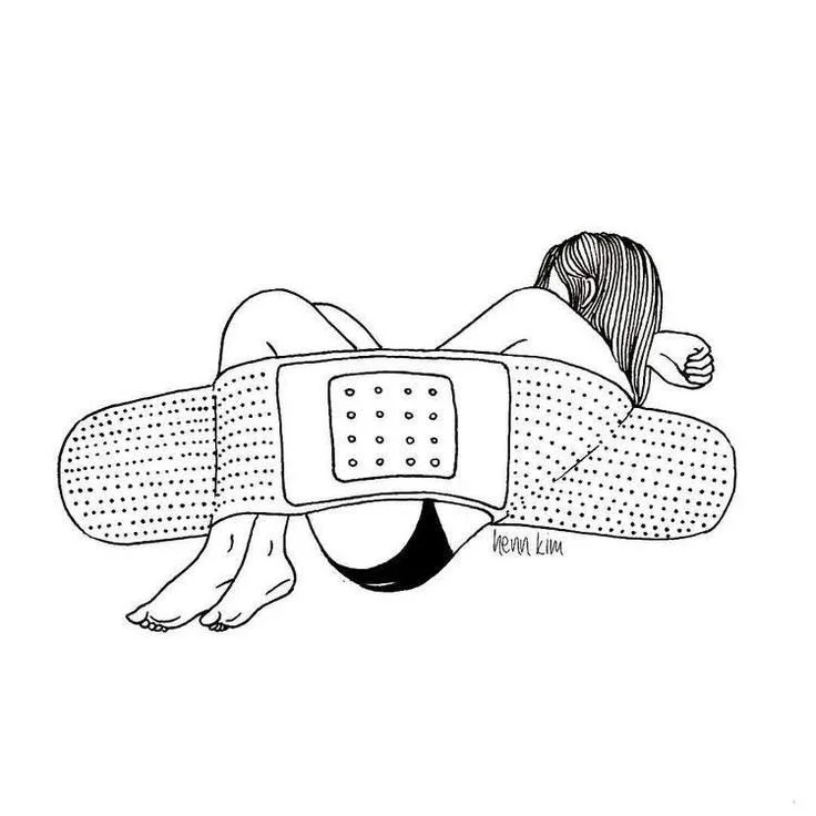 Line drawing of a person lying inside a bandage poster, with legs crossed and head resting on an arm.