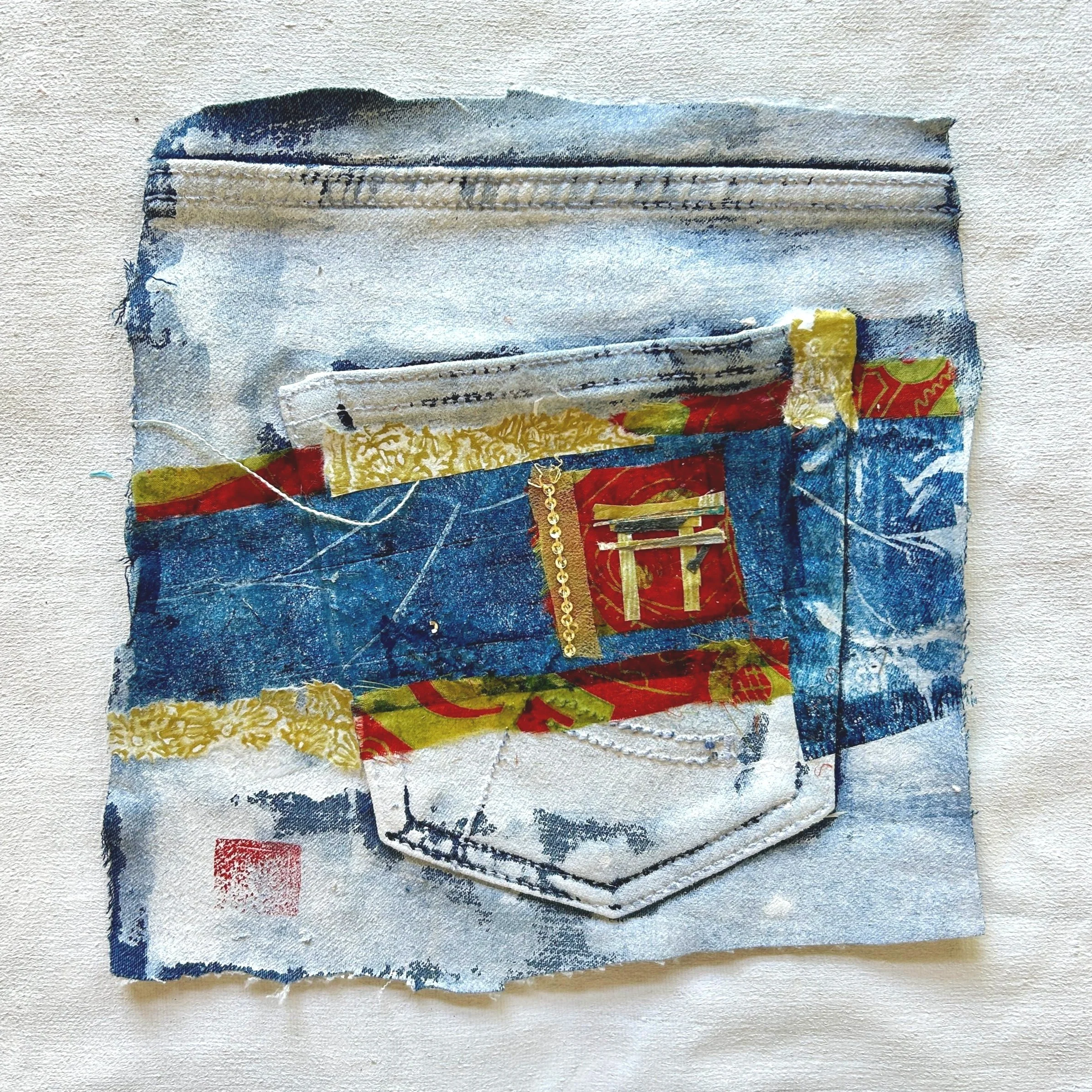 Mixed media artwork depicting a pocket on fabric with colorful patterns and textures.