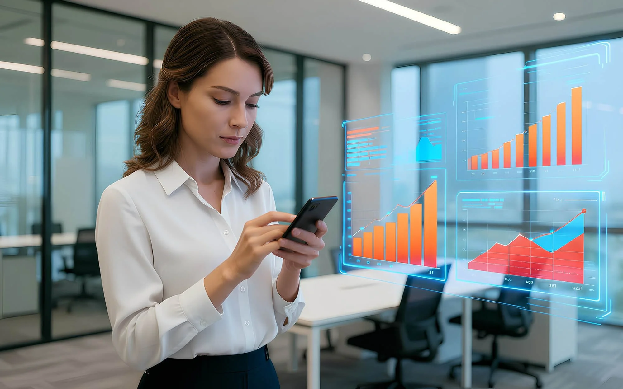 A woman in business attire looking at her phone in a modern office with transparent digital graphs and charts overlaid, displaying increasing financial or business data.