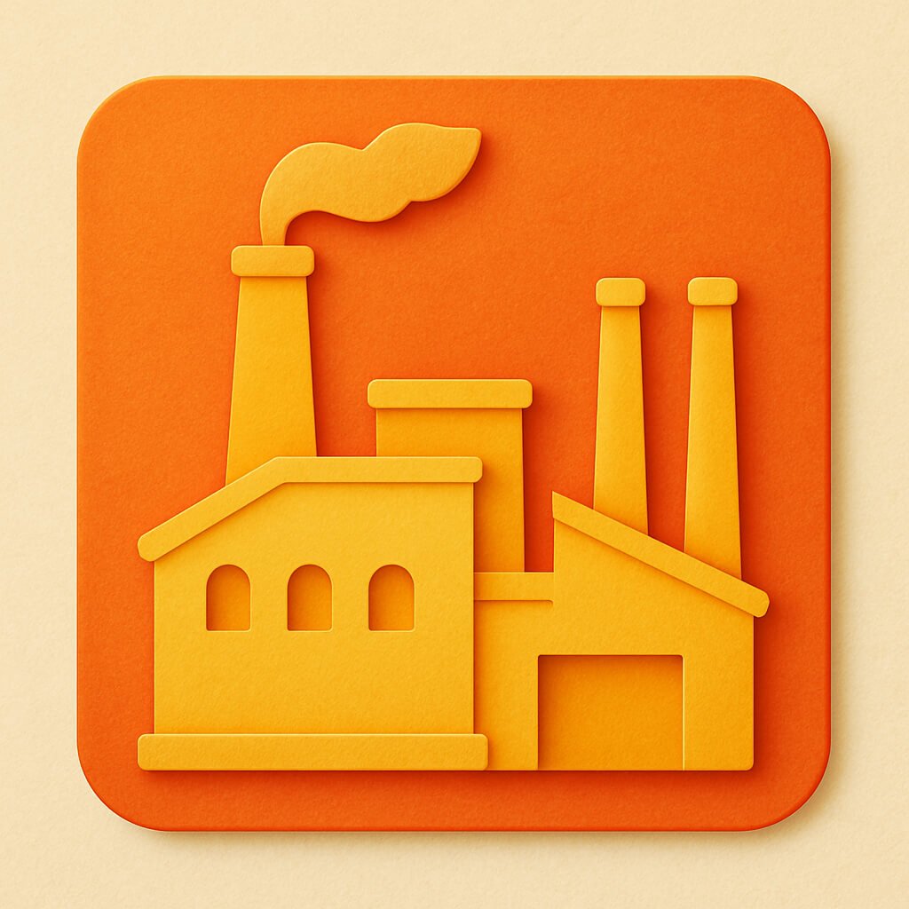 Orange square icon featuring a yellow factory with two smokestacks, one emitting smoke, on a beige background.