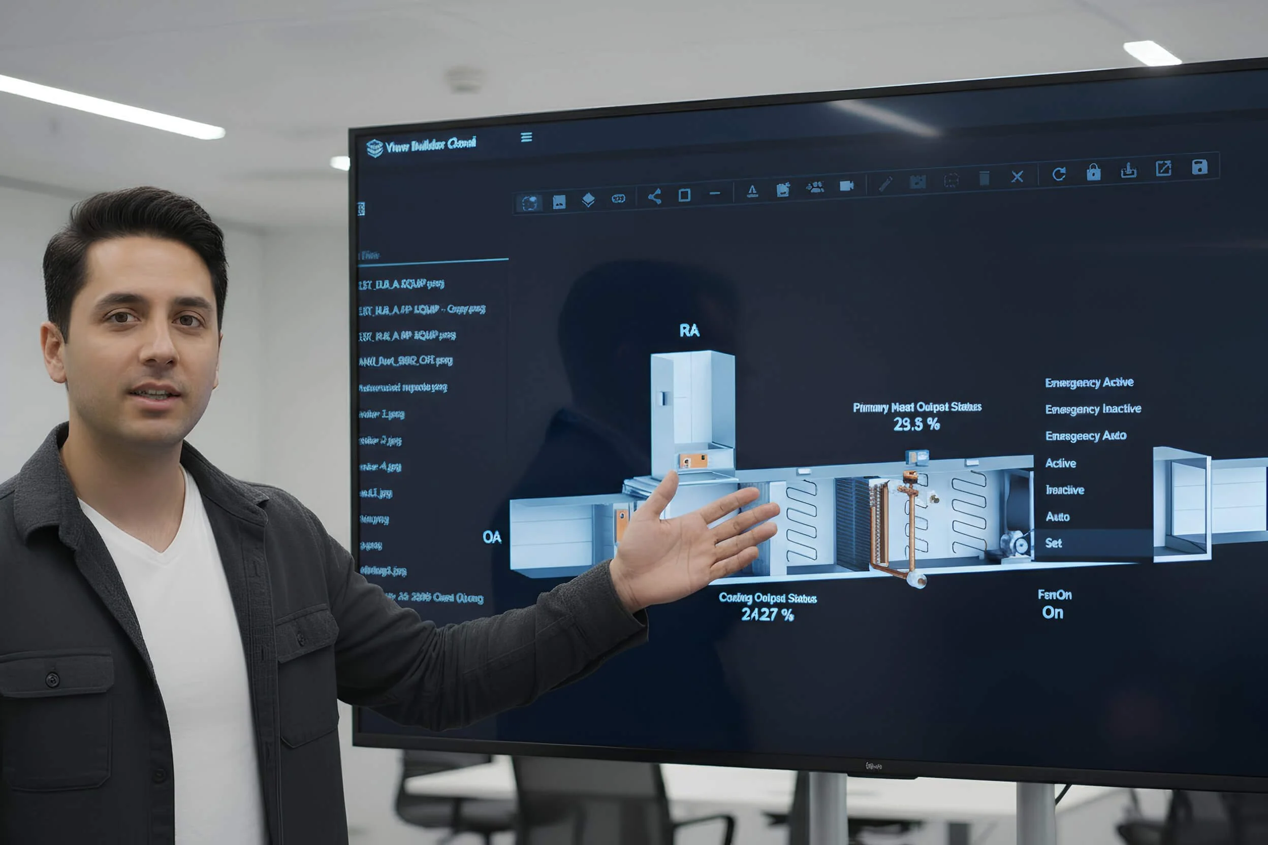 A man in a white shirt and dark jacket standing in front of a large digital display screen, pointing at a technical diagram or schematic on the screen in a modern conference room.
