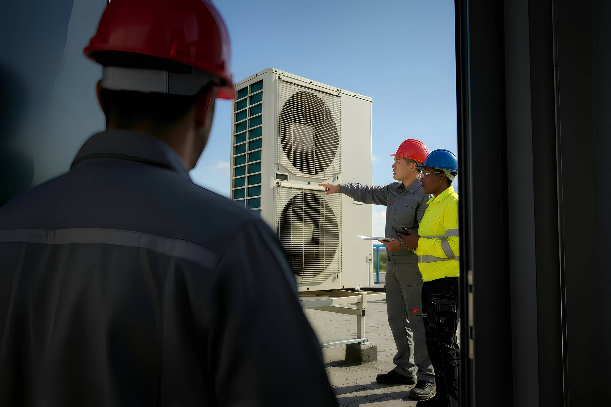 Two construction workers wearing red and blue safety helmets are standing outdoors near a large HVAC unit. One worker is pointing at the unit, while the other is observing. The scene appears to take place on a rooftop or open area.