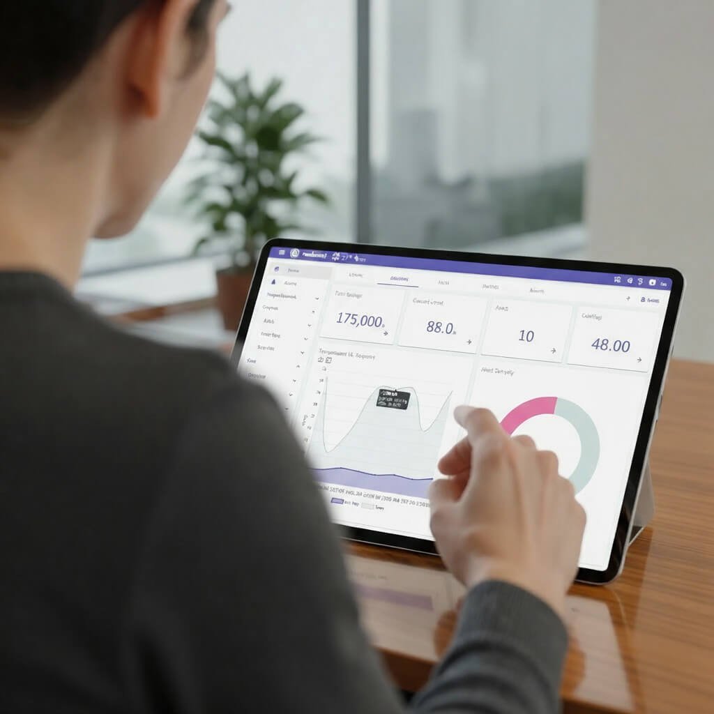 Person using a tablet showing financial or business data, including charts and figures, in an office environment.