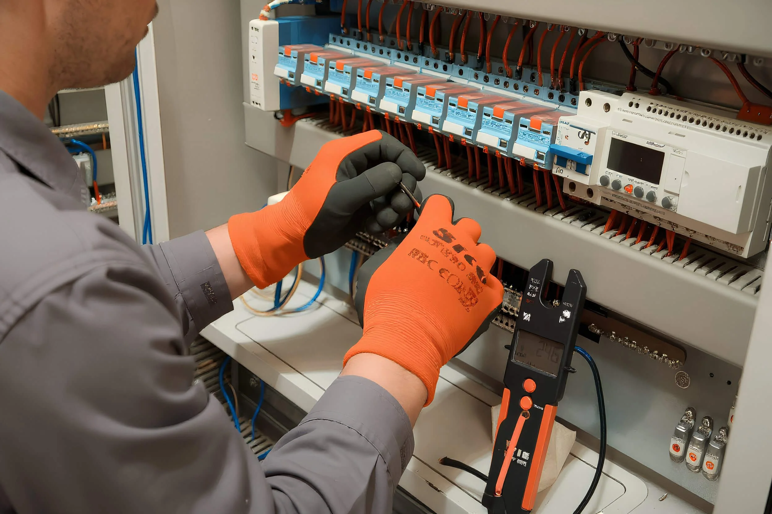 A technician wearing gray work gloves with black palms and orange cuffs is working on an electrical panel, using a tool to make adjustments or connections.