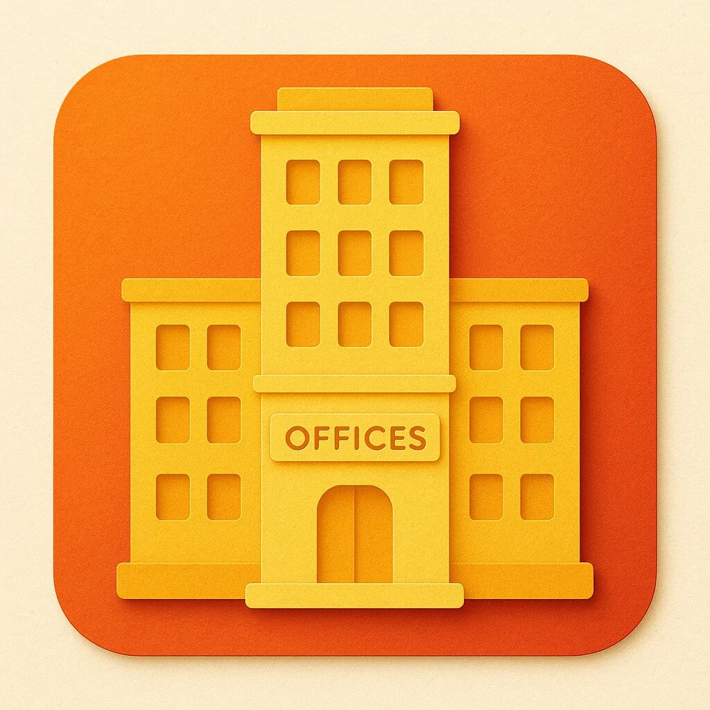 Orange and yellow layered icon of a multi-story office building with a sign that reads 'Offices' above the entrance.