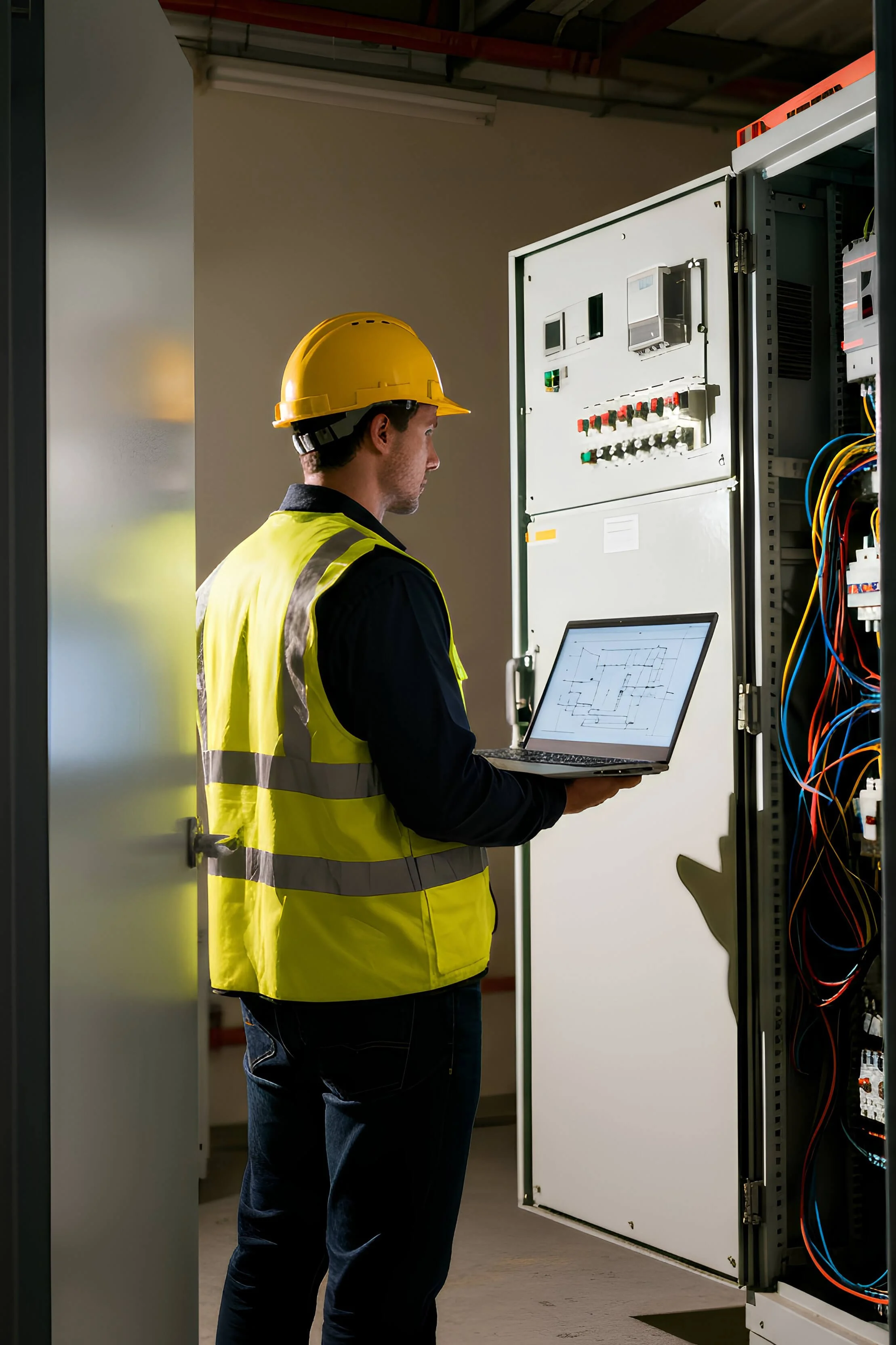 A technician wearing a yellow safety vest and a yellow hard hat examining an electrical panel or server rack in a data center or industrial setting while holding a laptop and monitoring electrical data.