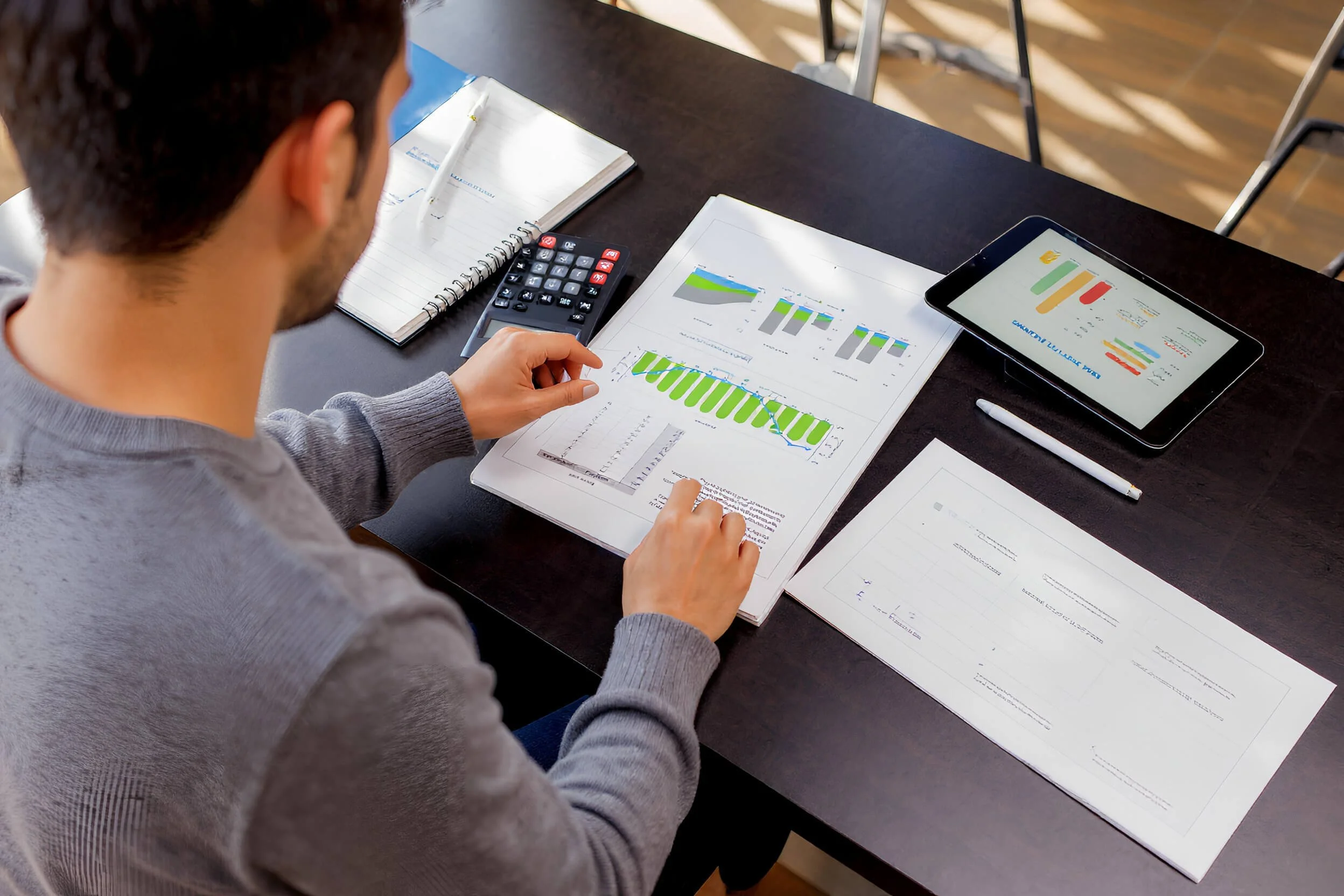 A person analyzing financial charts and graphs on printed papers, a laptop, a tablet, a calculator, and a notebook on a dark desk.