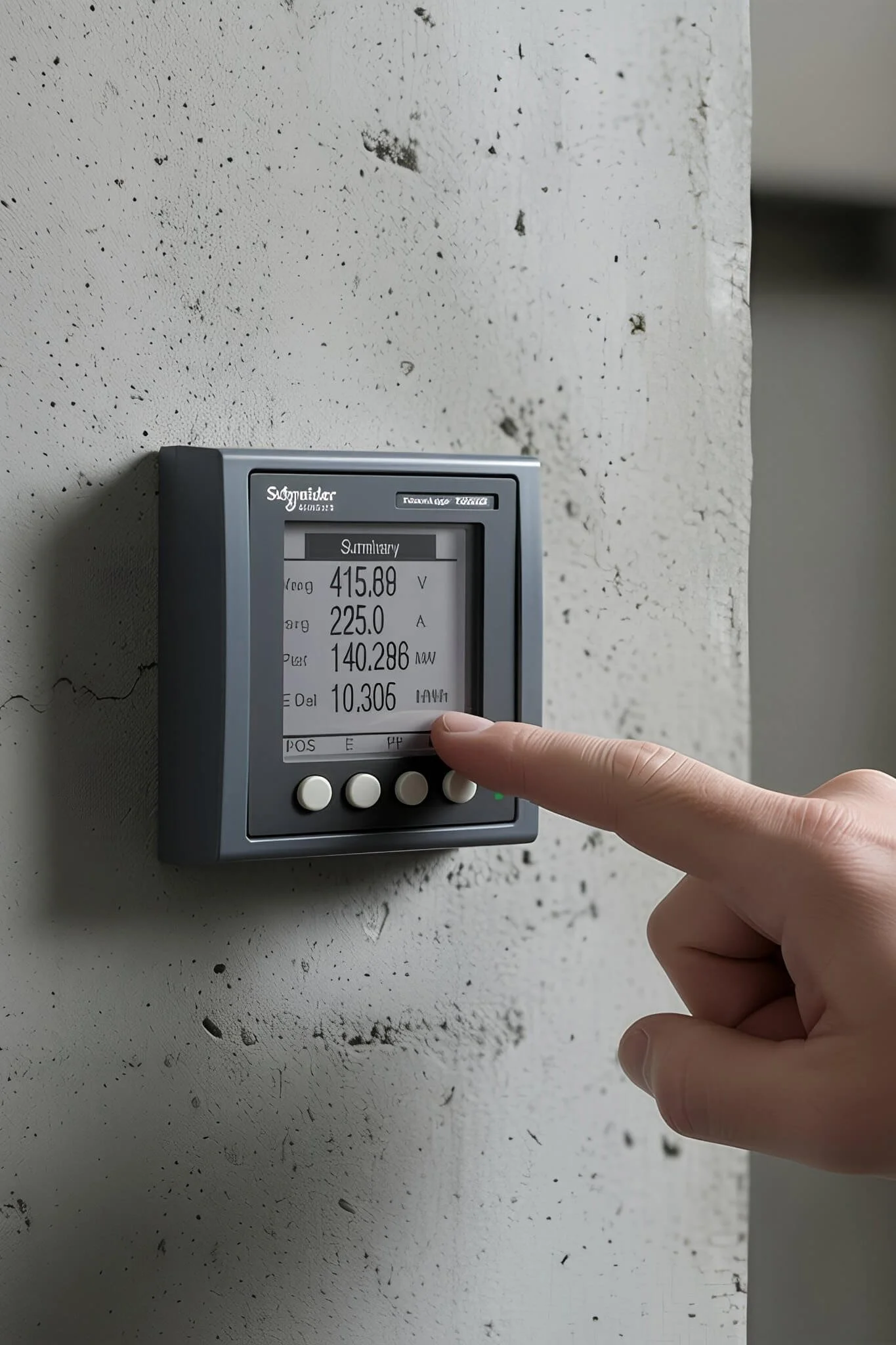 Close-up of a digital device displaying electrical measurements, with a person's finger touching the device, mounted on a textured white wall.