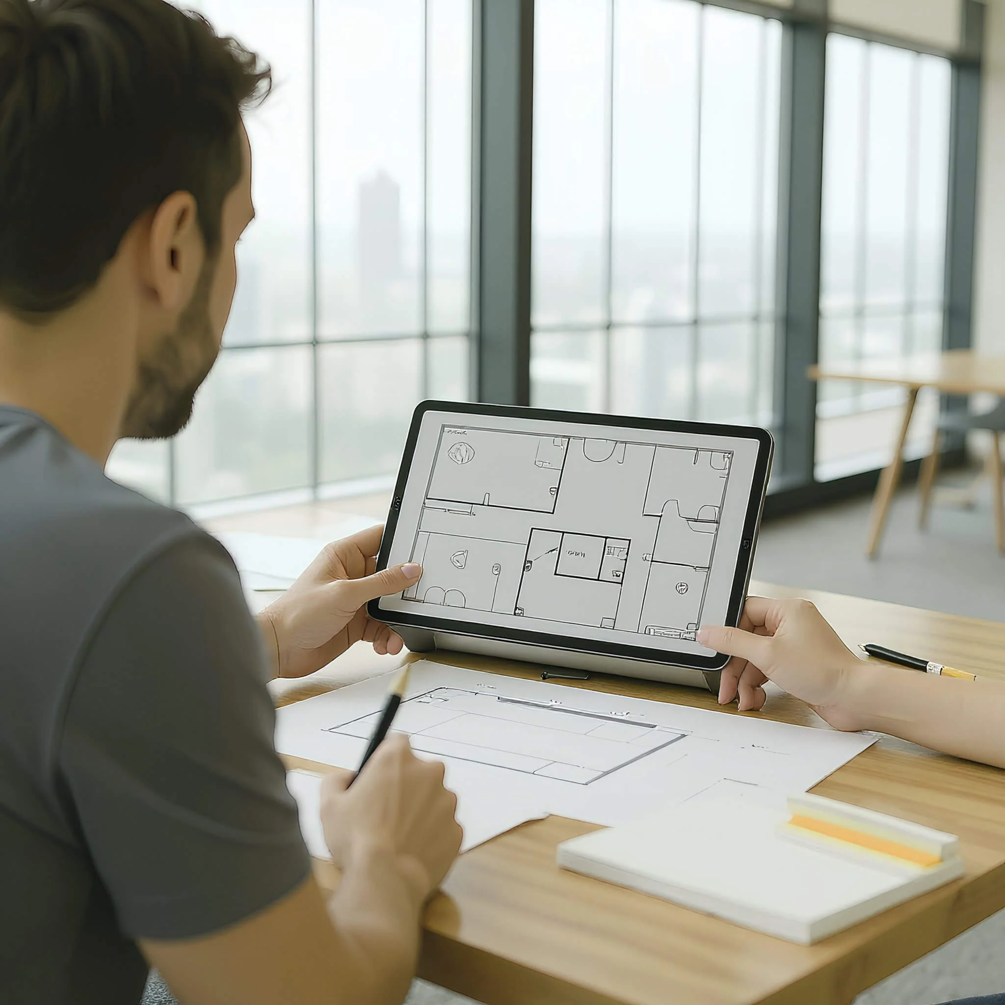 A person is holding a tablet displaying a floor plan or architectural layout in an indoor setting with large windows in the background.