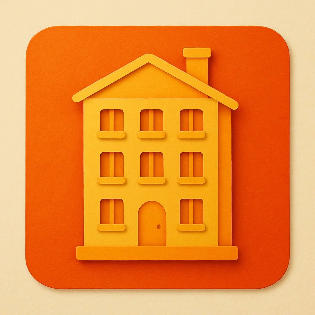 Orange sticky note with a yellow paper cutout of a multi-story house with multiple windows, a door, and a chimney.