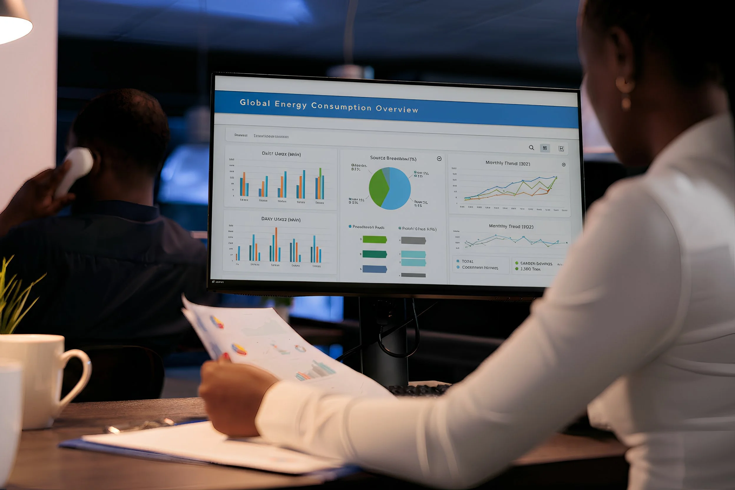 Two people are in a meeting room, observing a large screen displaying a 'Global Energy Consumption Overview' with charts and graphs, including bar and line graphs showing energy data.