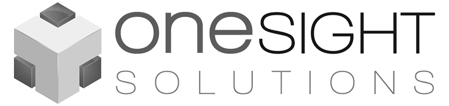 Logo of One Sight Solutions, featuring a 3D cube with smaller dark gray cubes on the top and sides, and the company name in black and gray letters.