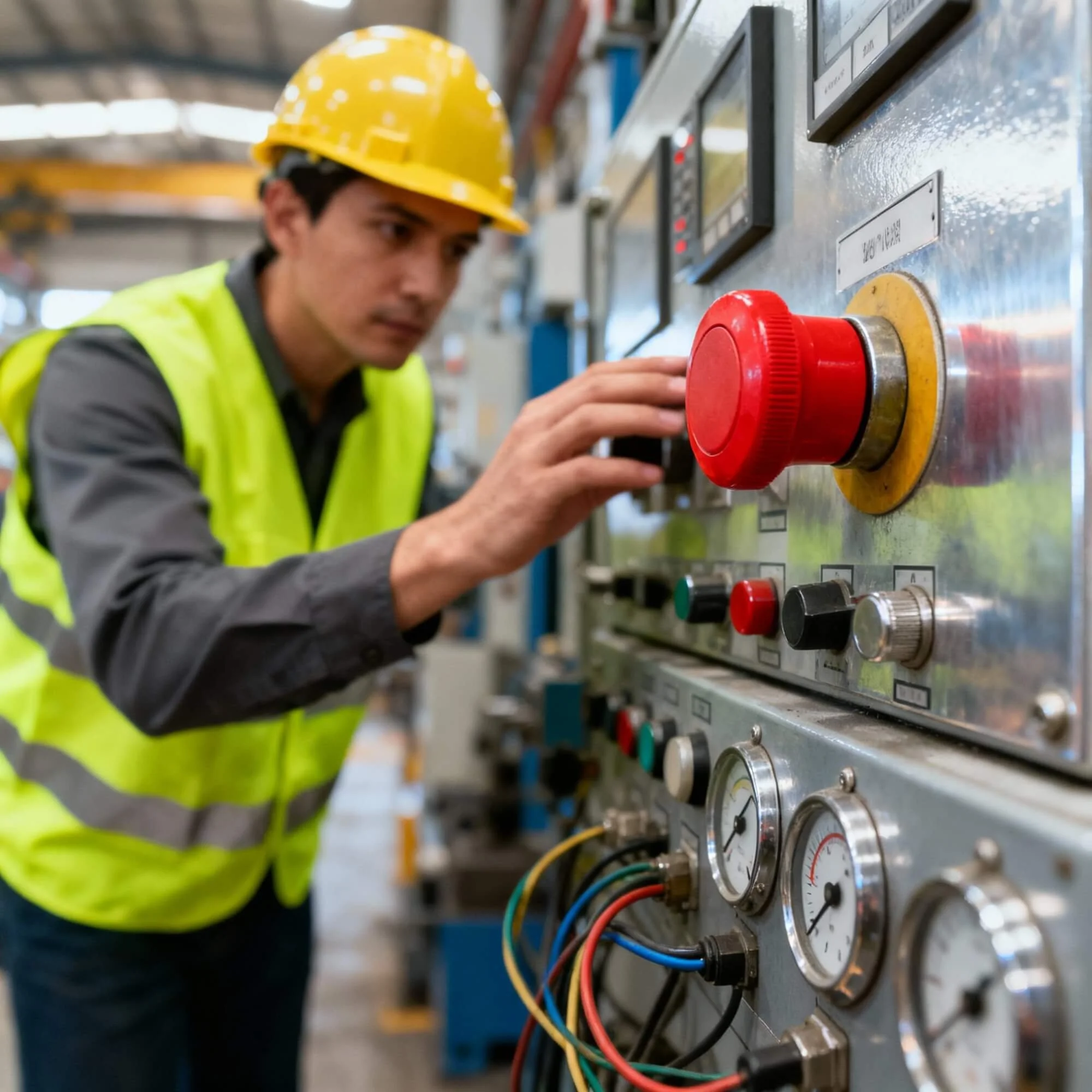 A man wearing a yellow safety helmet and a high-visibility vest working on industrial control panels with red, black, yellow, and blue wires.