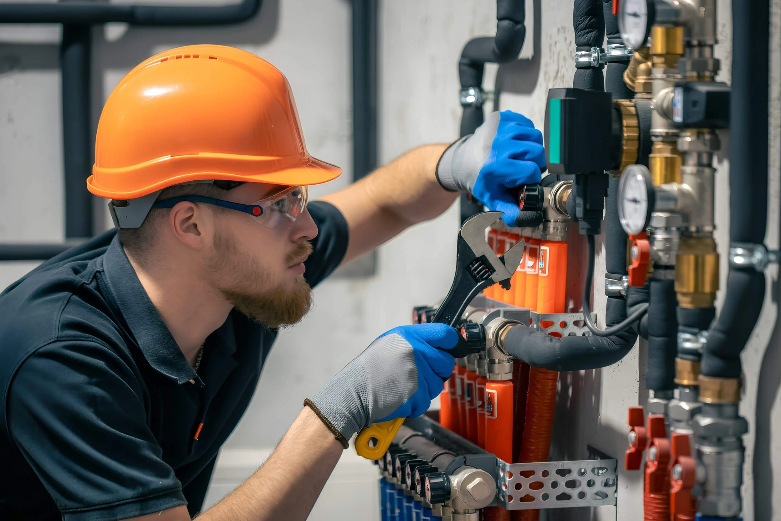 A technician wearing a safety helmet, safety glasses, and gloves working on an electrical panel with gauges, pipes, and wiring.