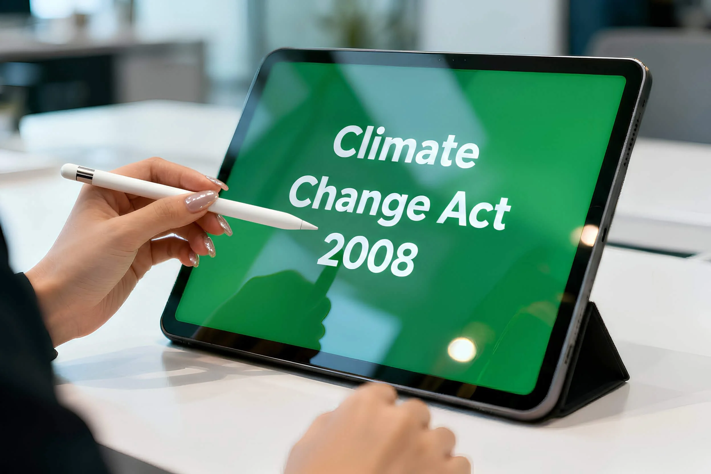 A person holding a stylus facing a tablet displaying text about a climate change act from 2008.