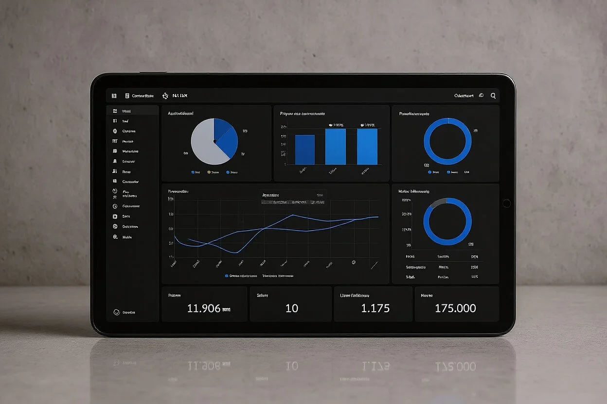 Tablet displaying various business analytics dashboards, including pie charts, bar graphs, and line charts, on a gray textured background.
