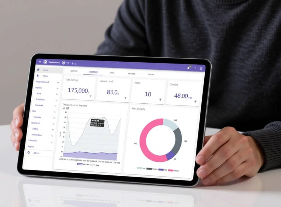 Person holding a tablet with a security dashboard on the screen, displaying statistics, a graph, and a pie chart.