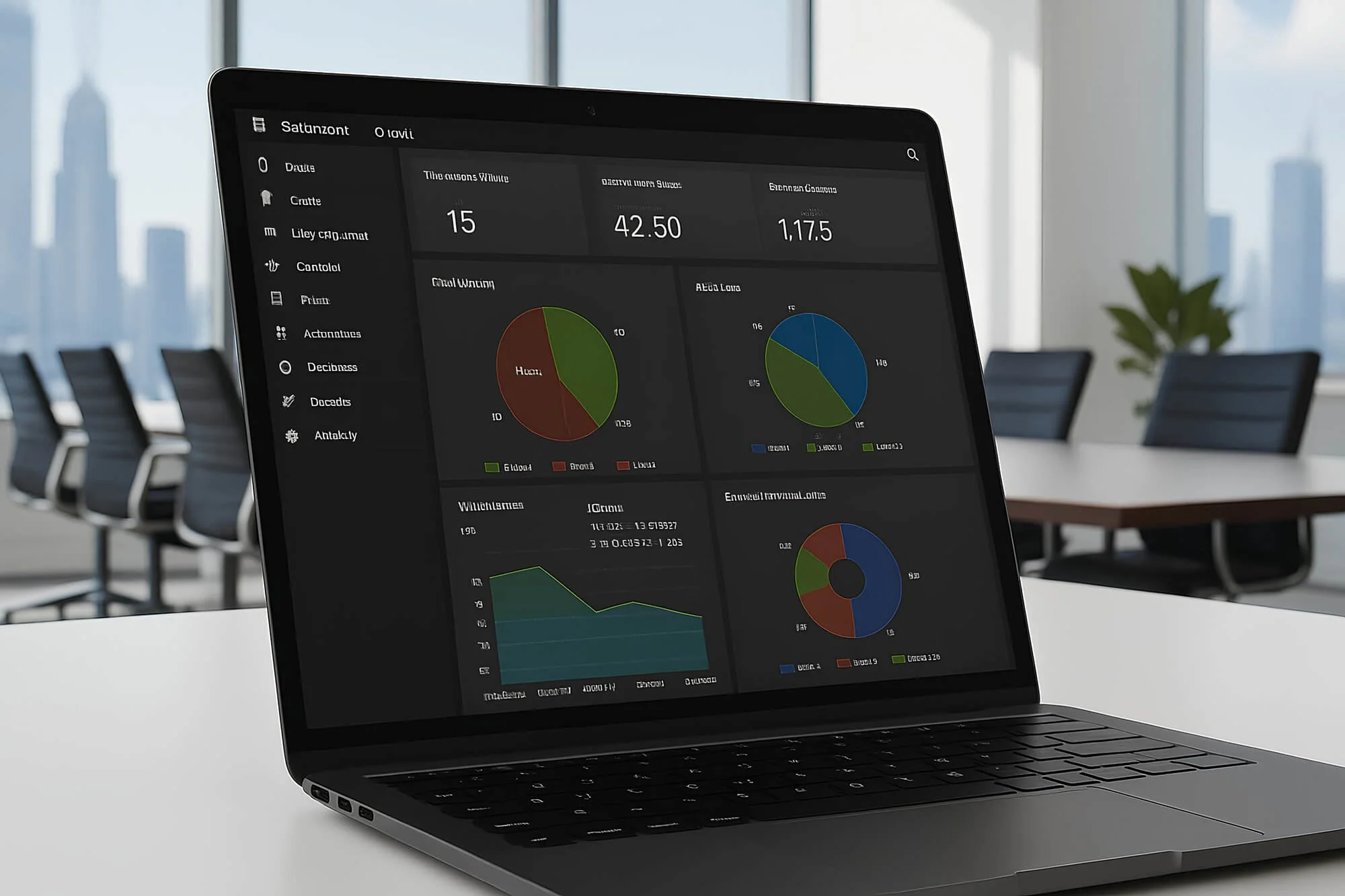 A laptop displays data analytics and charts in a modern conference room with large windows and city skyline in the background.