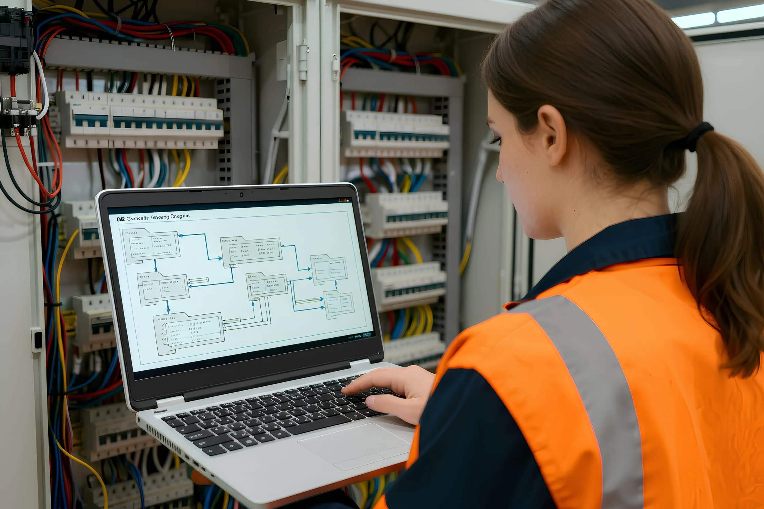 A woman wearing safety gear working on an electrical control panel with a laptop in front of her displaying a diagram.