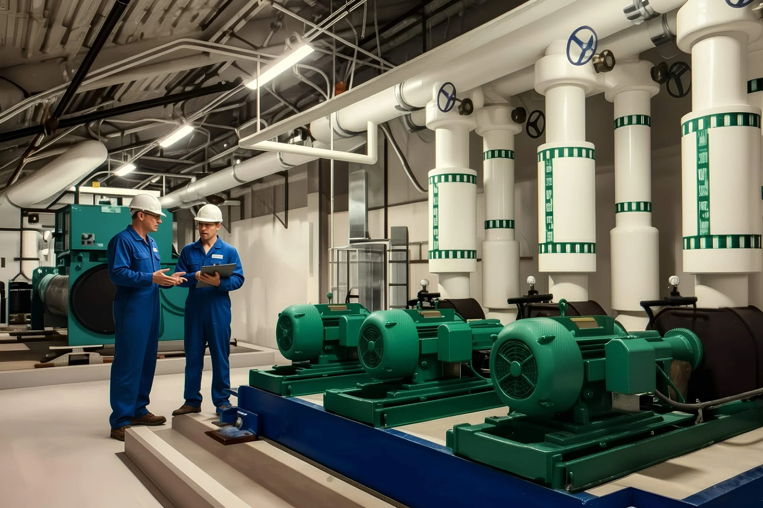 Two workers in blue uniforms and white helmets inspecting industrial machinery and pipes in a factory or plant setting.