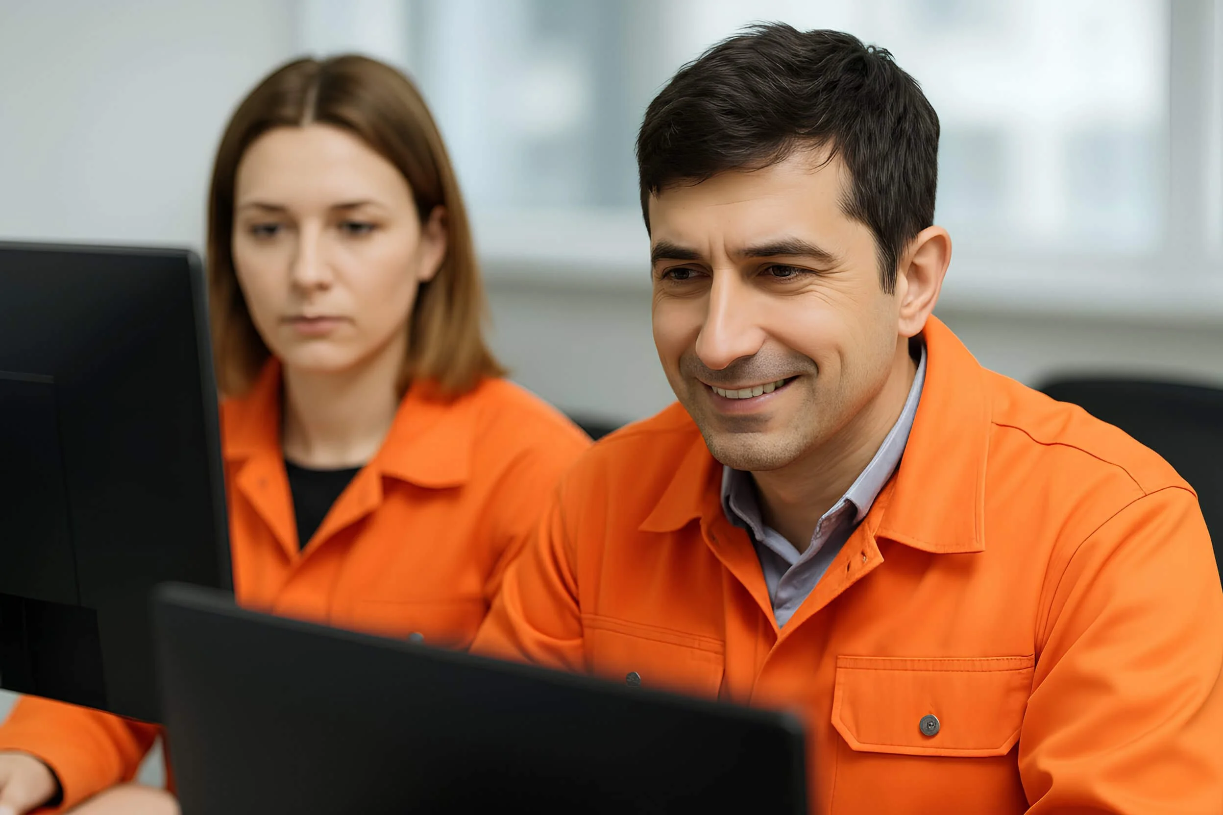 Two individuals in orange uniforms working at a computer, with a man smiling and woman focused on the screen.