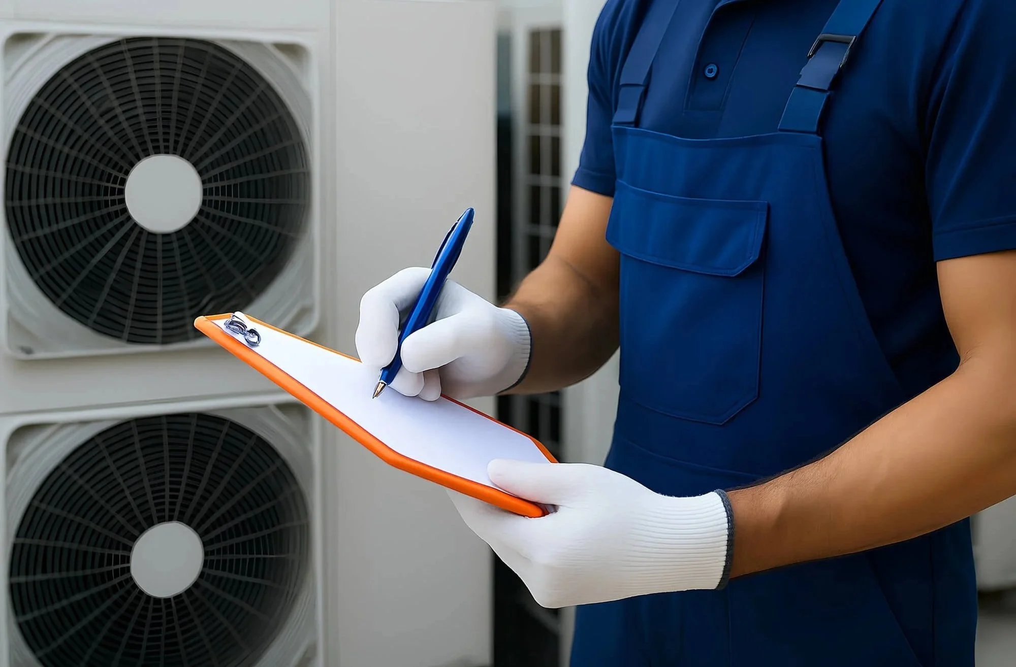 Technician in blue uniform holding a clipboard and pen, inspecting or working on HVAC units outside.