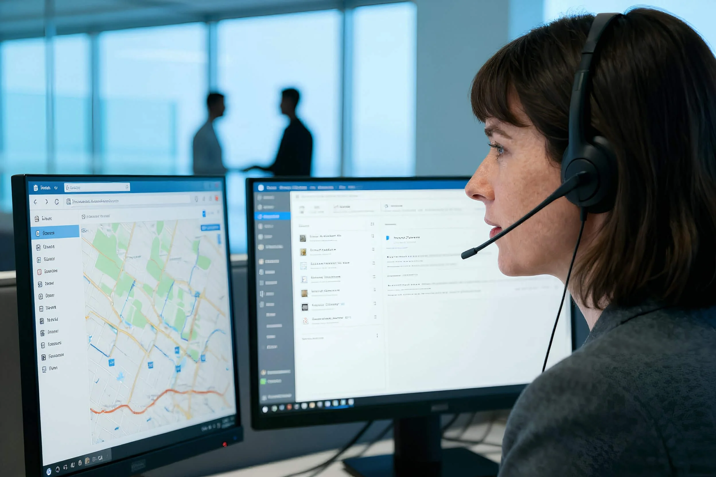 A woman wearing a headset working at a dual-monitor computer setup with maps and data on the screens in an office environment, with people in the background