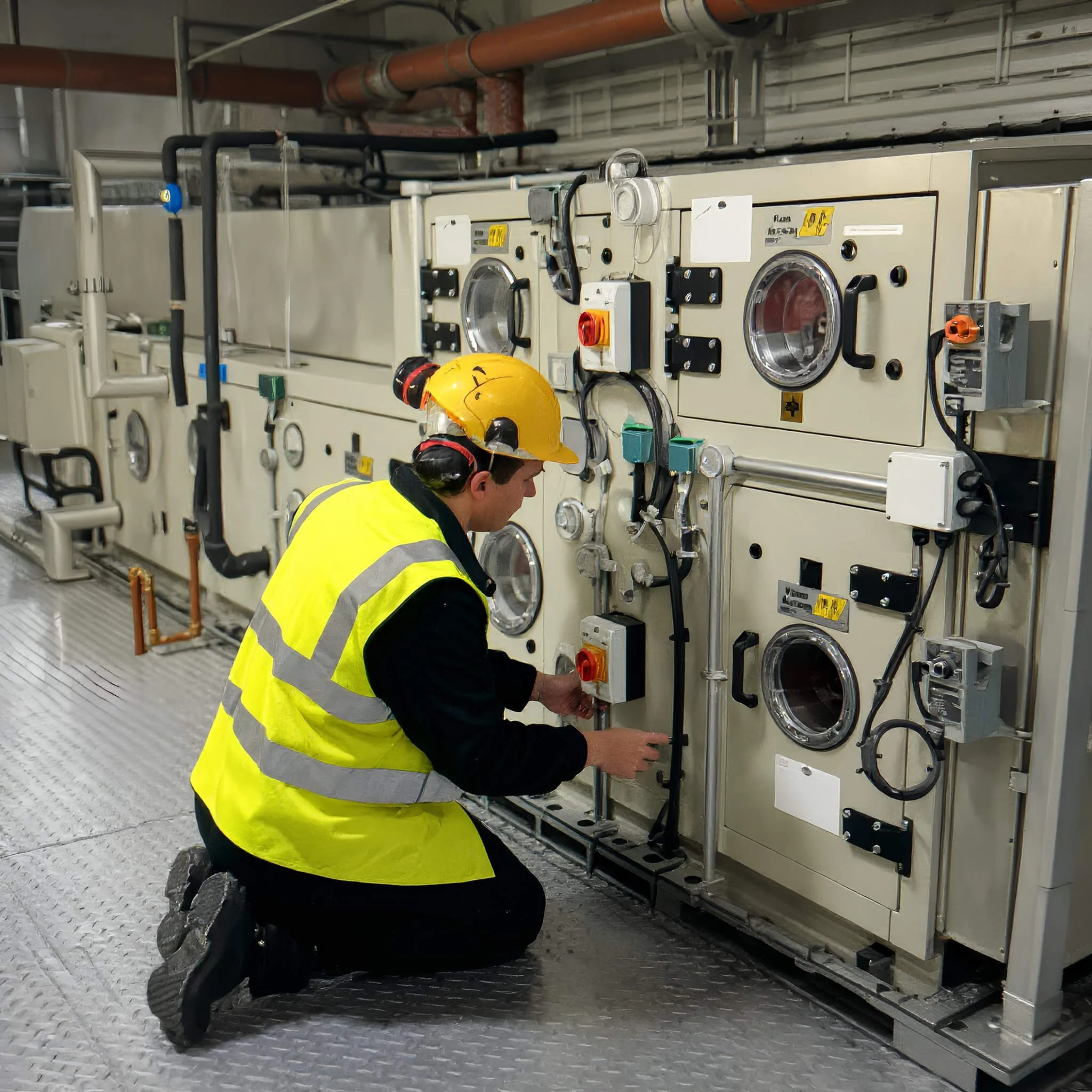 A worker wearing a yellow helmet and high-visibility jacket is kneeling and working on industrial equipment or machinery in an industrial or utility setting.
