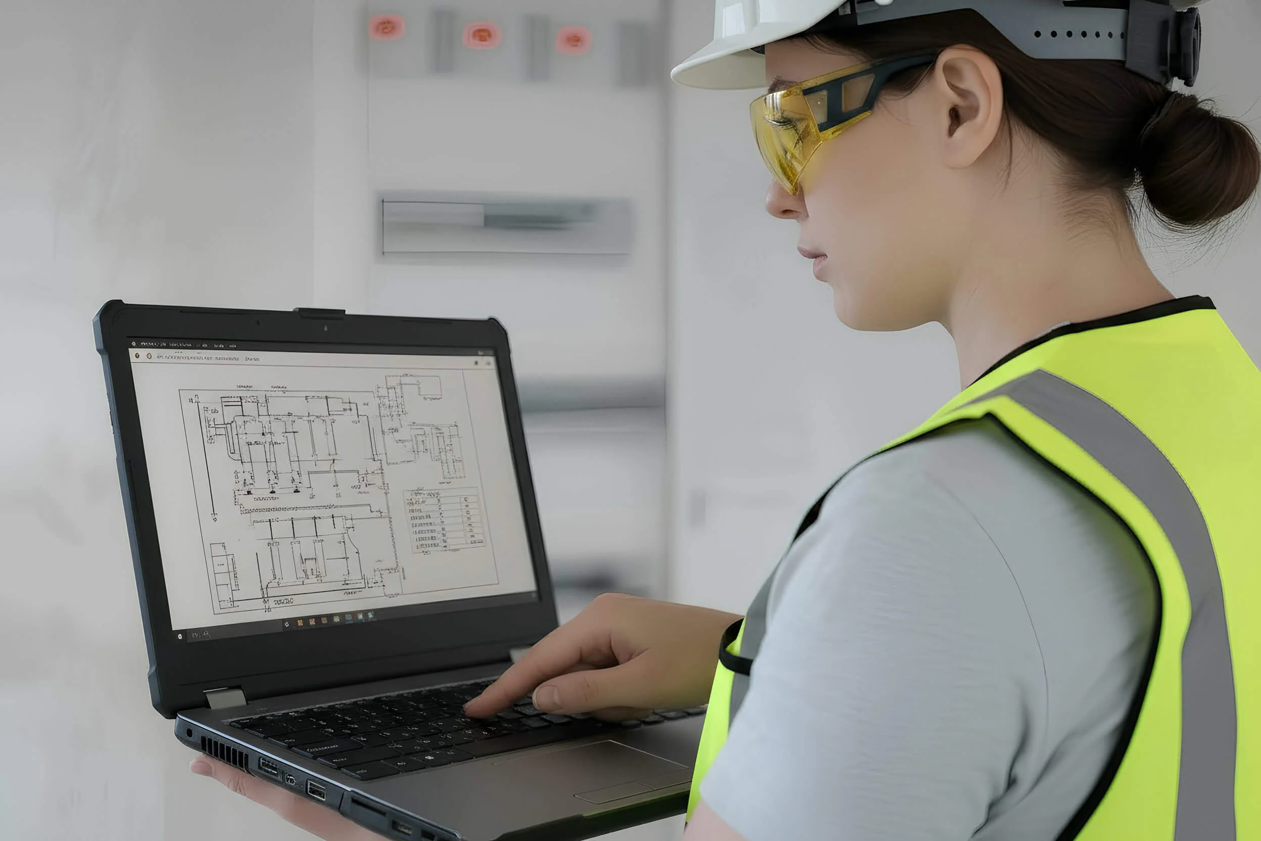 A woman wearing safety glasses, a white hard hat, and a yellow safety vest working on a laptop with a technical drawing displayed on the screen.
