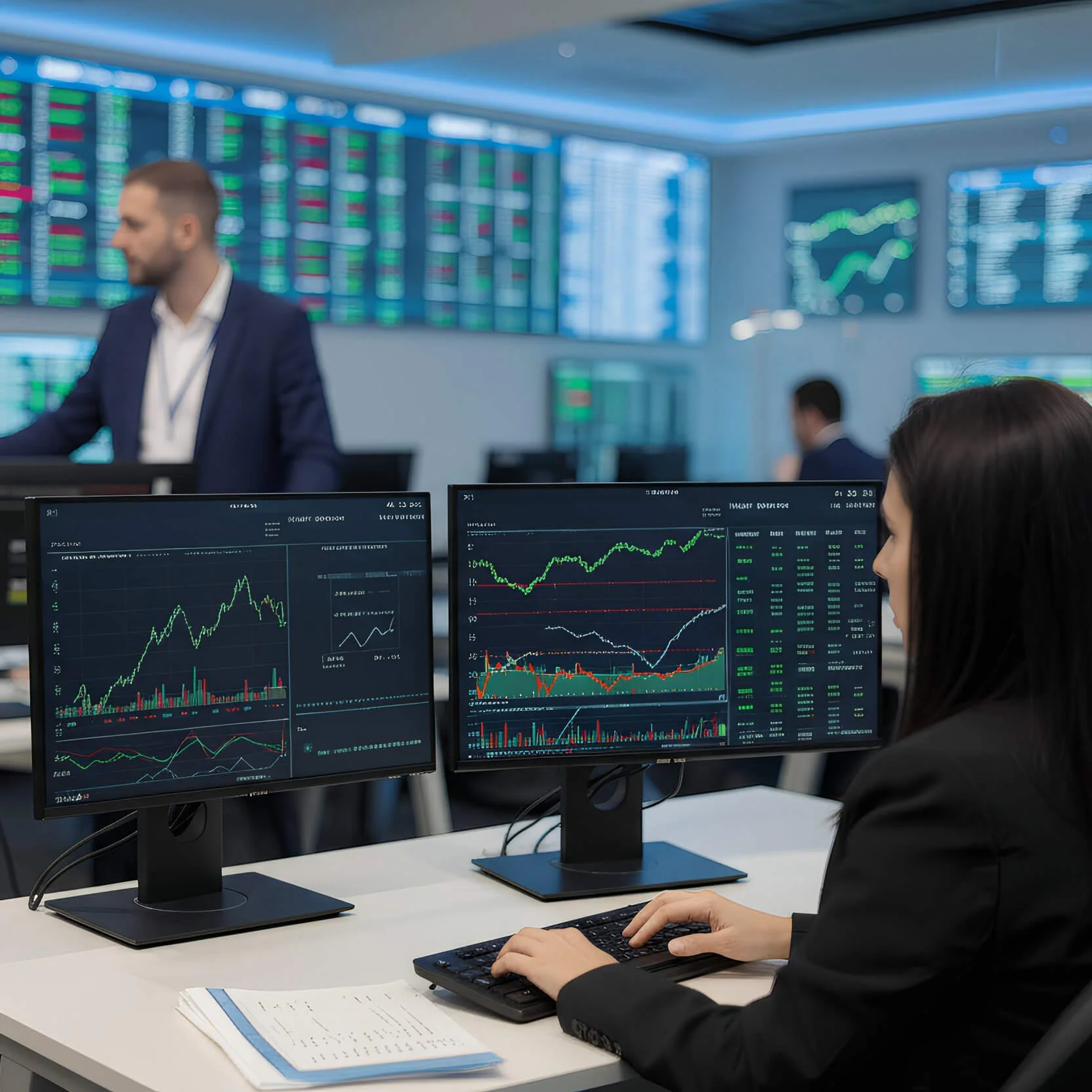 Business professionals working on computers displaying stock market charts in a modern office with large screens showing financial data.