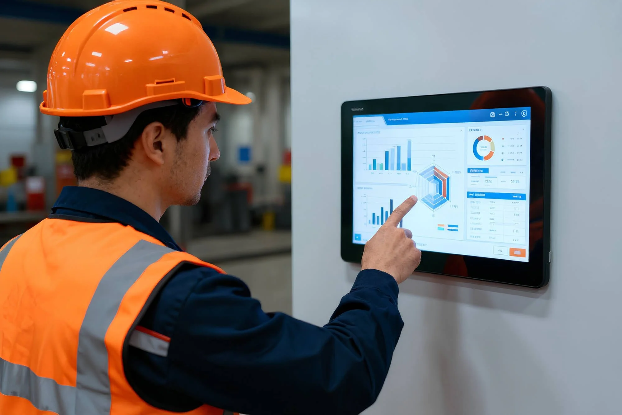 A man wearing an orange safety hard hat and reflective safety vest is looking at and interacting with a digital screen mounted on a wall, displaying various charts and graphs.