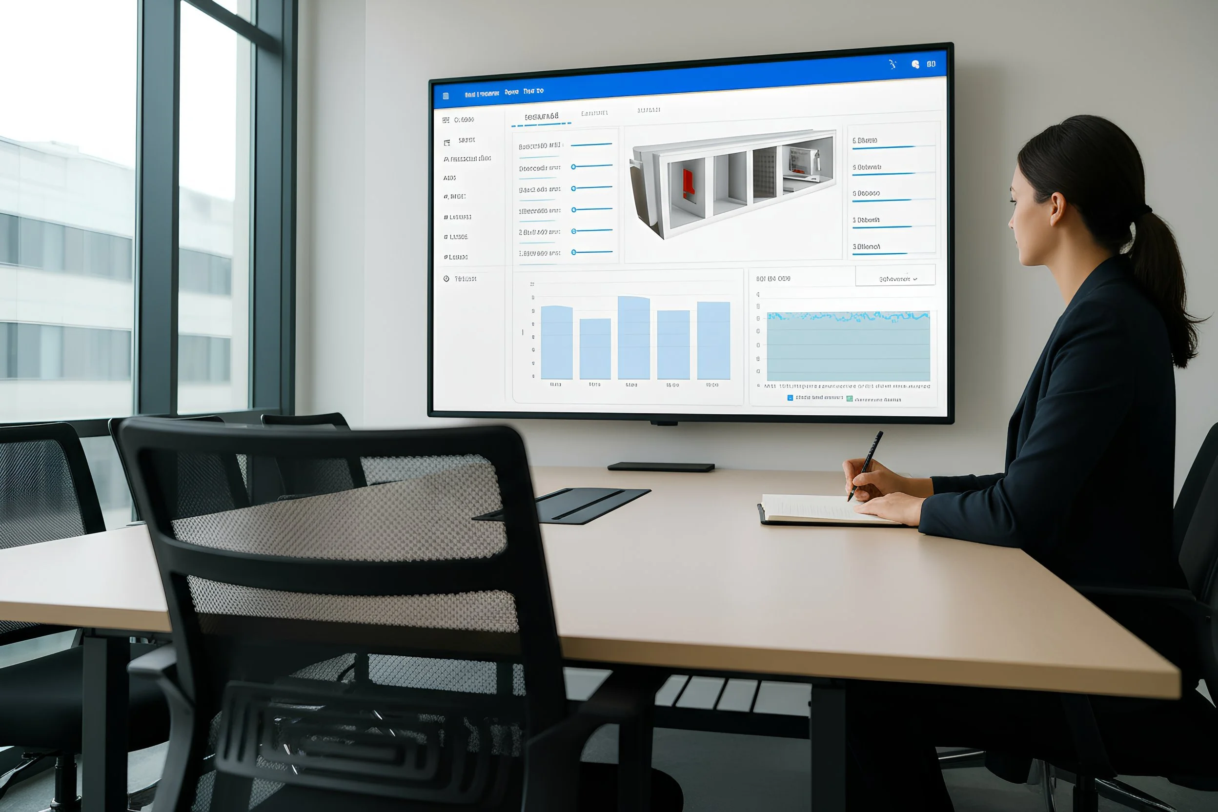 A woman sitting at a conference room table, looking at a large digital screen displaying data charts and a 3D model of a structure in a modern office with large Windows.