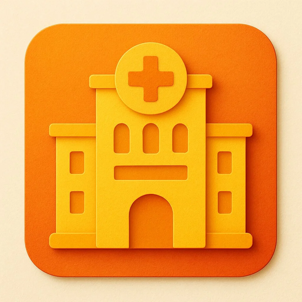 A yellow layered icon resembling a hospital building with a red cross in a yellow circle on top, set against an orange square background.